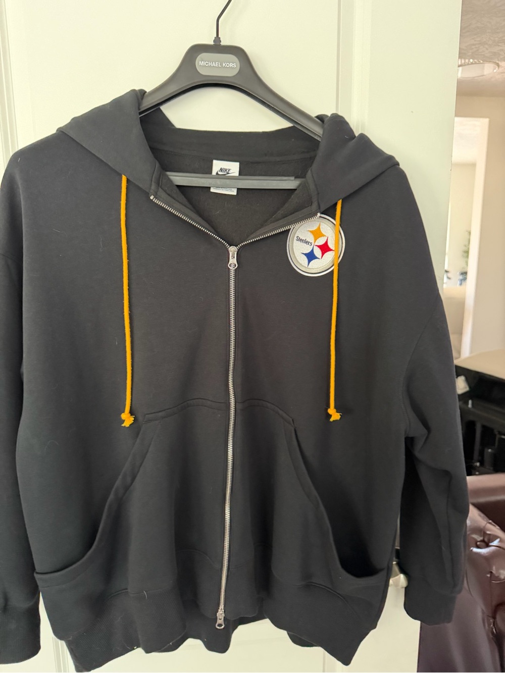 Nike Black Full-Zip Hoodie with Yellow Drawstrings and Steelers Patch